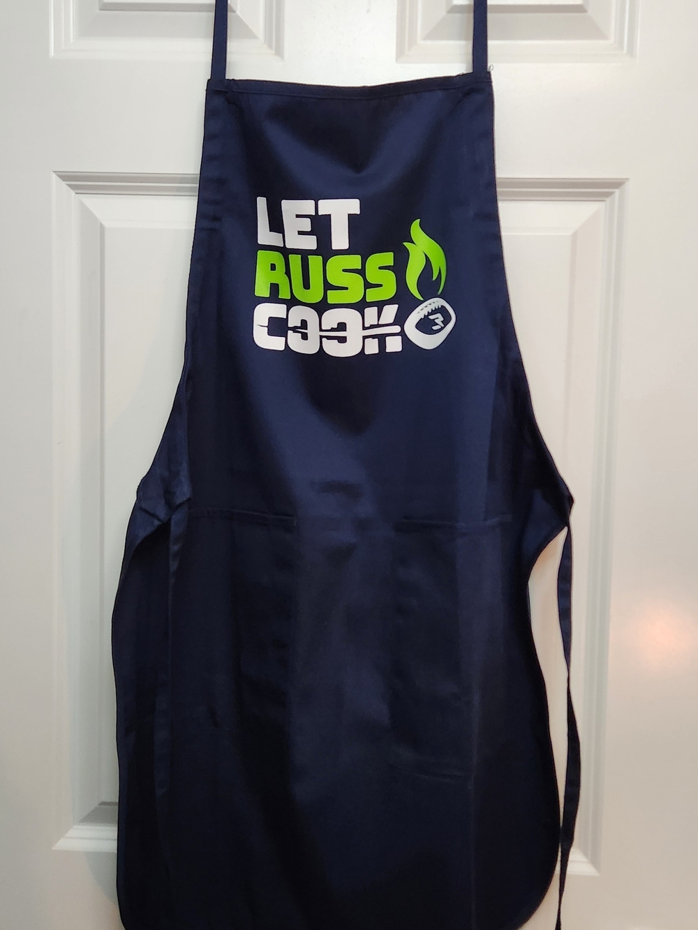 Adult Seahawks, Navy Blue, "Let Russ Cook" Cooking Apron. One Size Fits All.